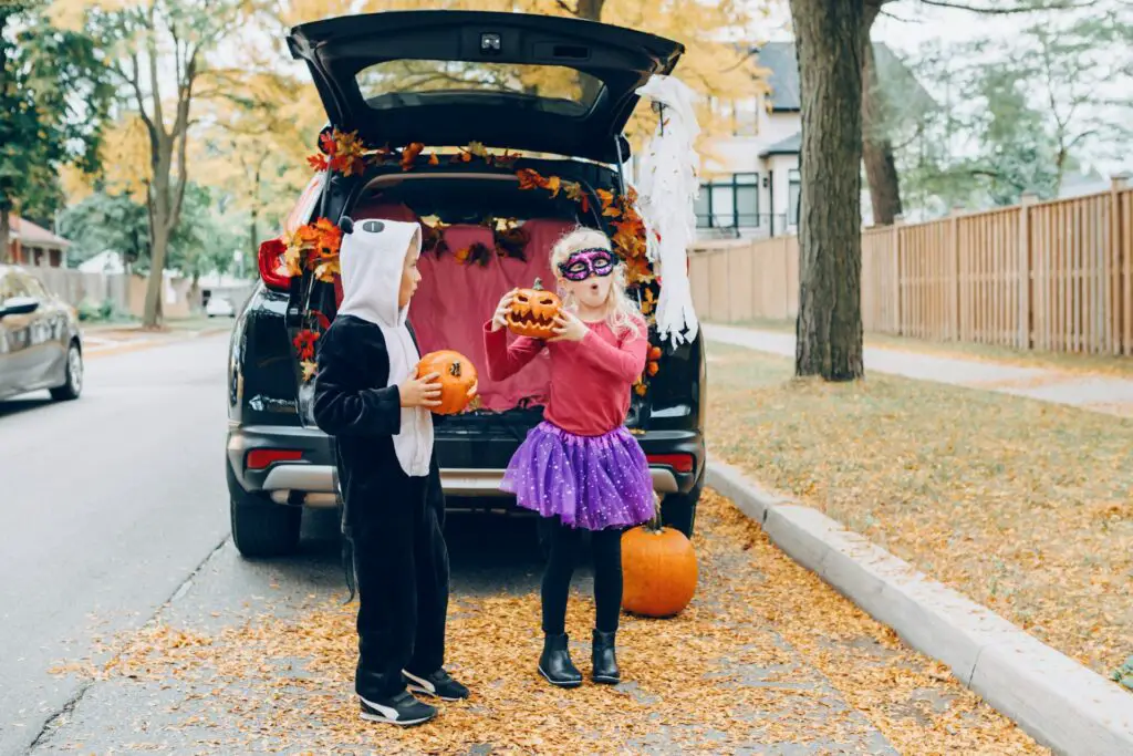 two kids in clothing in the trunk of a car