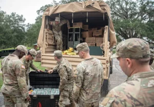 Soldiers with the 753rd Brigade Engineer Battalion prepare supplies for Hurricane Helen
