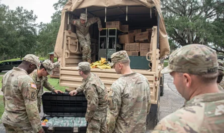 Soldiers with the 753rd Brigade Engineer Battalion prepare supplies for Hurricane Helen