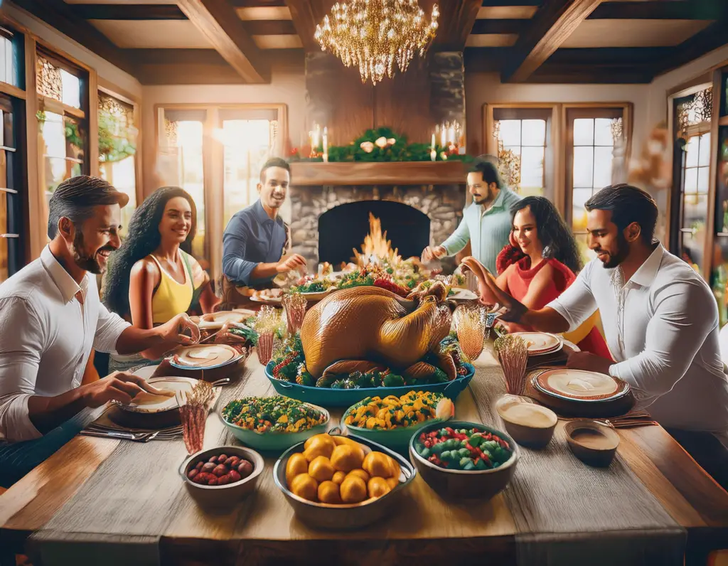 a group of people around a table with food