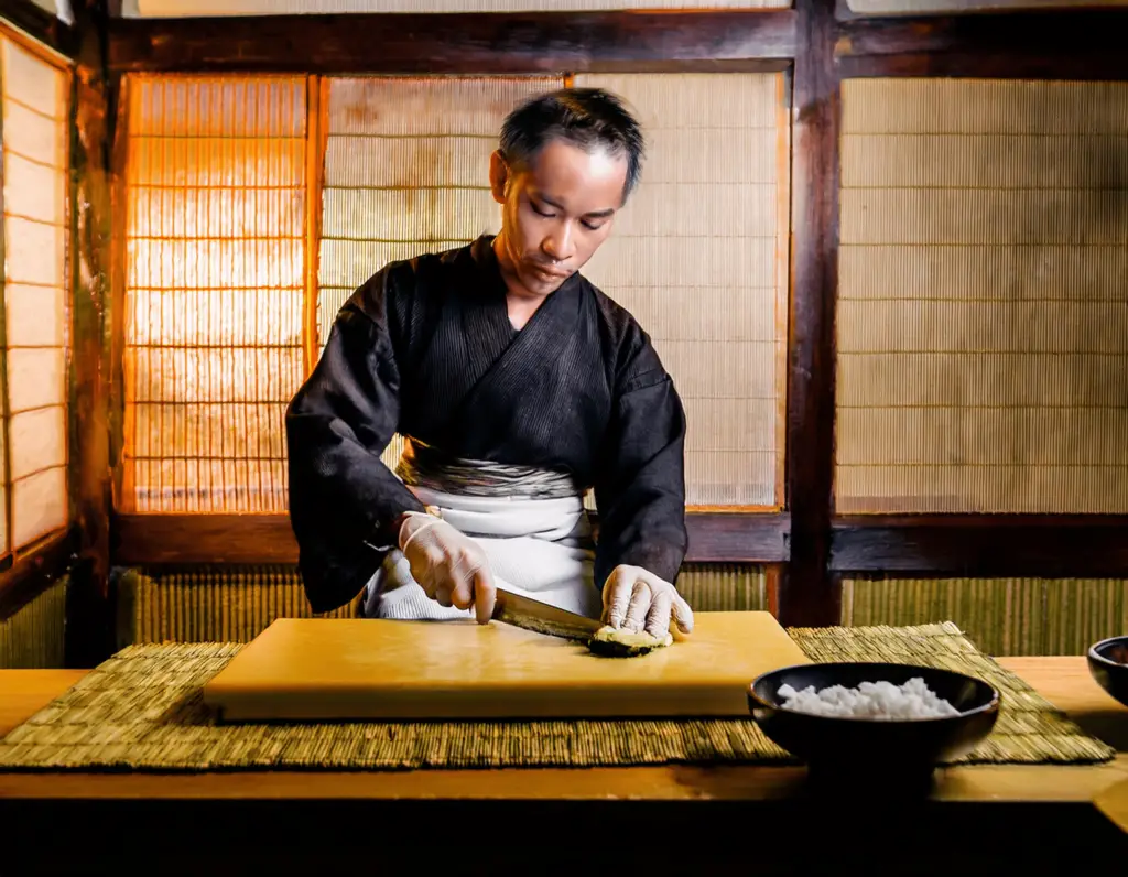 a man in a black robe cutting a piece of food