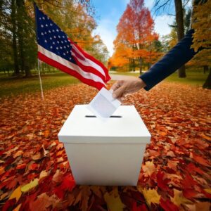a hand putting a ballot into a box with a flag in the background
