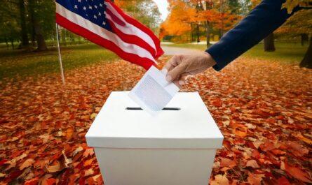 a hand putting a ballot into a box with a flag in the background