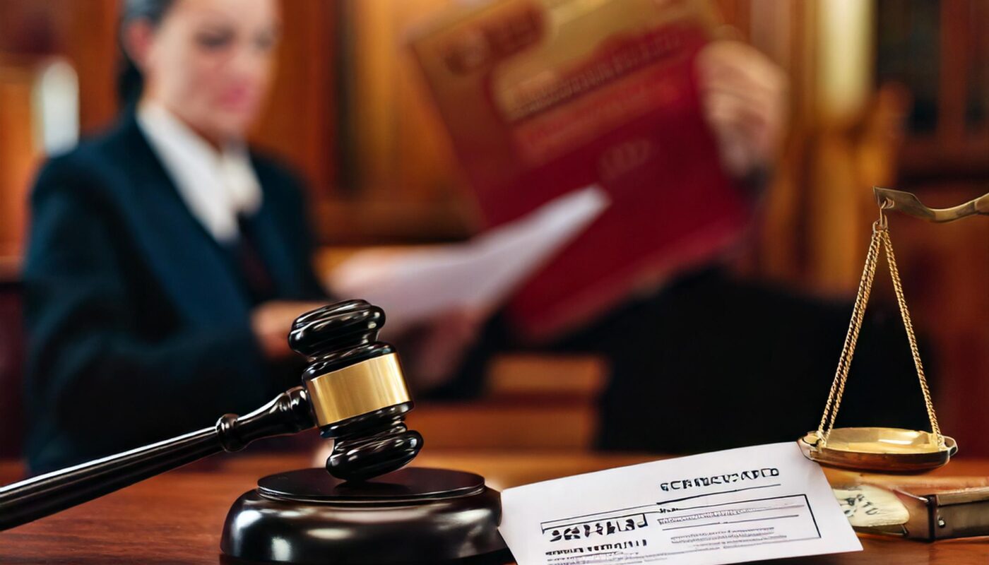 a gavel on a table with a scale and a woman reading