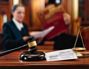 a gavel on a table with a scale and a woman reading