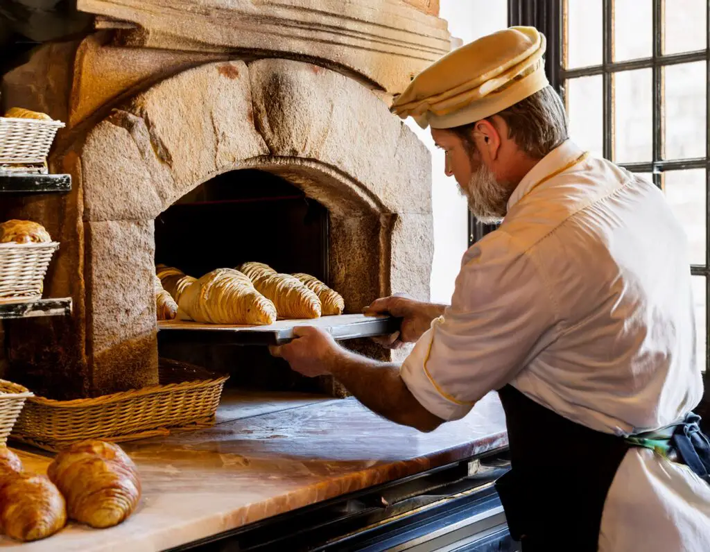 a man holding a tray of bread in a oven