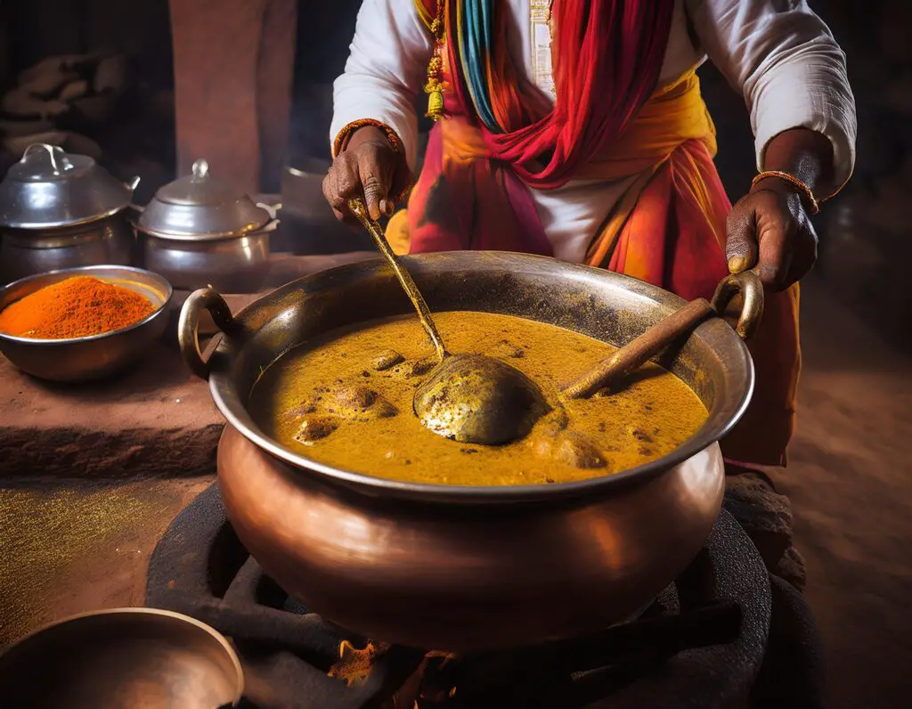 a person cooking food in a large pot