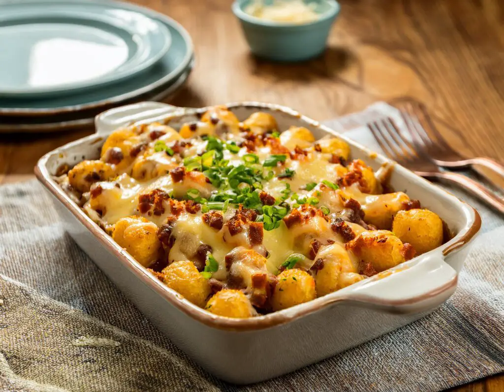 a casserole dish with bacon and cheese