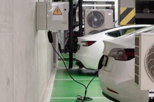 eco friendly electric cars in underground parking