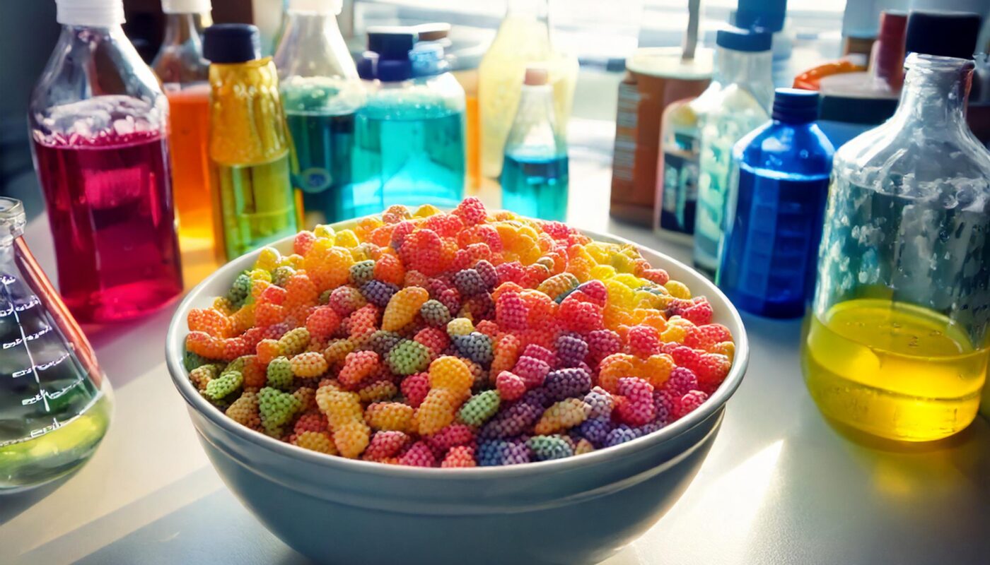 Bowl of breakfast cereal with artificial food dyes