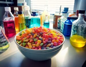 Bowl of breakfast cereal with artificial food dyes