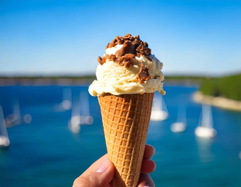 a hand holding an ice cream cone with a body of water in the background