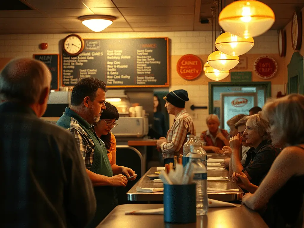 a group of people sitting at tables in a restaurant