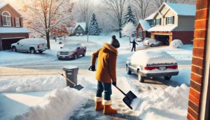 a person shoveling snow in a driveway
