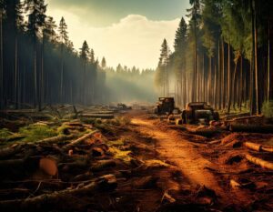 a dirt road with logs and trees in the background