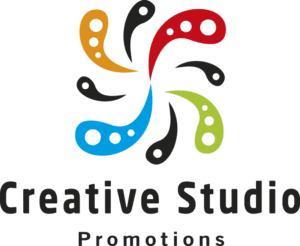 a logo with colorful dots and black background