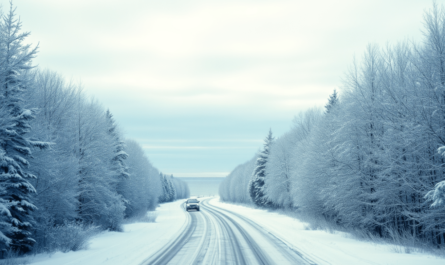 a car driving on a snowy road