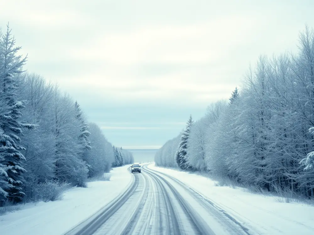 a car driving on a snowy road