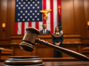a gavel in front of a flag