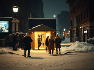 a group of people standing in front of a small building