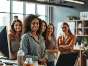 a group of people standing in a room