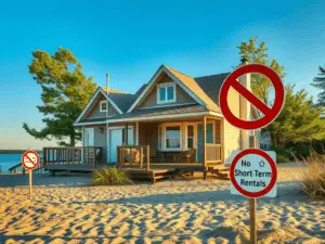 a house on the beach with a sign
