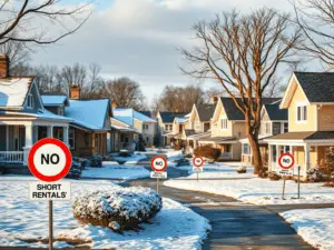 a street with signs in the snow