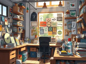 a room with a desk and bookshelves