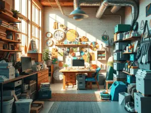 a room with a computer and shelves