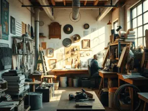 a man sitting at a desk in a room with a large table and shelves