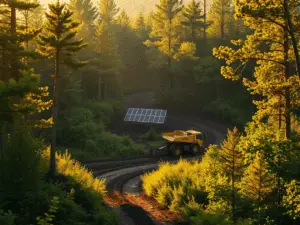 a truck on a road in a forest