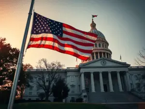 a flag flying in front of a white building