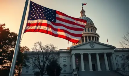 a flag flying in front of a white building