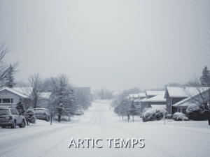 a snowy street with houses and trees