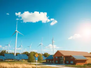 a building with windmills and a building with a blue sky