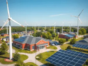 a solar panels and wind turbines in a neighborhood