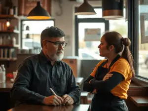a man and woman in a restaurant