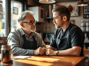 a man and a man sitting at a table