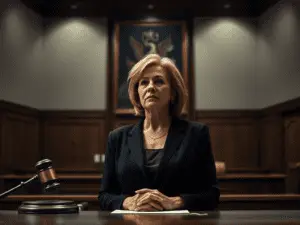 a woman sitting at a table with a gavel