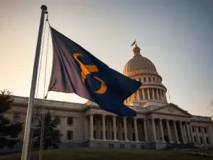 a flag in front of a building