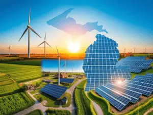 solar panels and wind turbines in a field