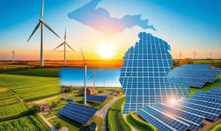 solar panels and wind turbines in a field