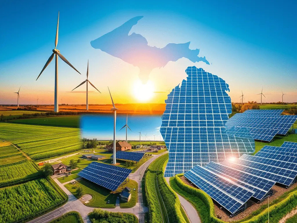 solar panels and wind turbines in a field