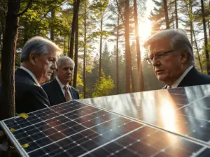 a group of men in suits standing in front of solar panels