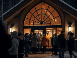 a group of people outside a building
