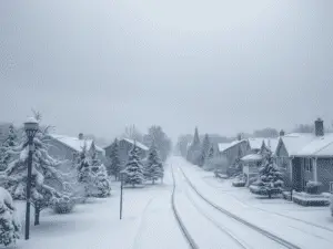 a snowy street with houses and trees