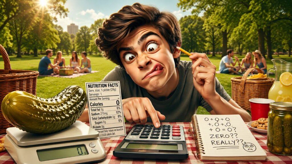 Boy calculating calories with pickle