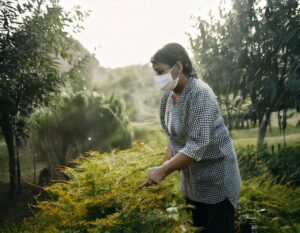 Woman tending a garden in mask