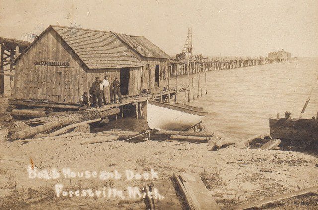 Historic dock with wooden structures.