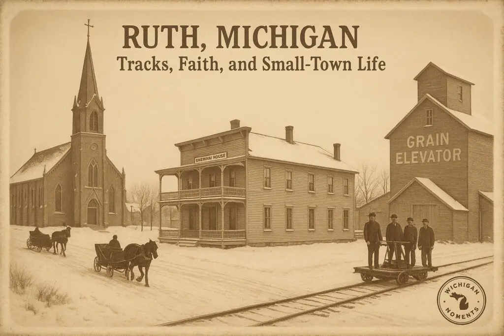 a group of people on a train tracks in a snowy town